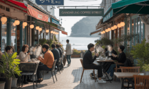 강릉 카페거리에서 커피마시는 사람들의 모습
