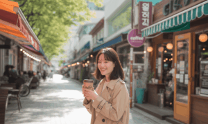 강릉카페거리에서 커피를 테이크아웃하고 마시는 사람