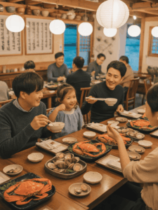 대부도 방아먹거리타운에서 식사하는 가족들 