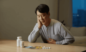 위장장애 중년남성이 오메가3 등 영양제를 섭취하려하는 장면